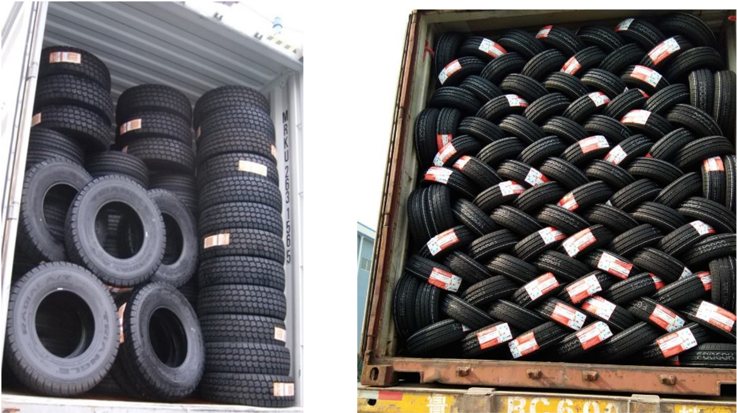 Neumáticos en contenedor: apilados verticalmente a la izquierda, inclinados entrelazados a la derecha